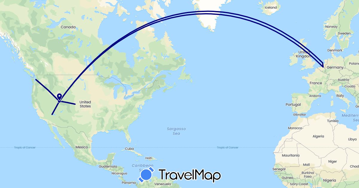 TravelMap itinerary: driving in Belgium, Netherlands, United States (Europe, North America)